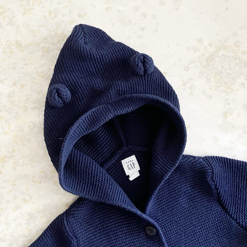 babyGap 18-24M Bear Hooded Cardigan Sweater Navy Blue Pockets Unisex Boys Girls - Picture 2 of 5